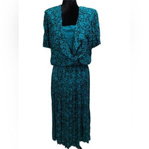 Secrets Vintage 80s Teal Black Floral Sultry Wrap Style Blouson Maxi Dress